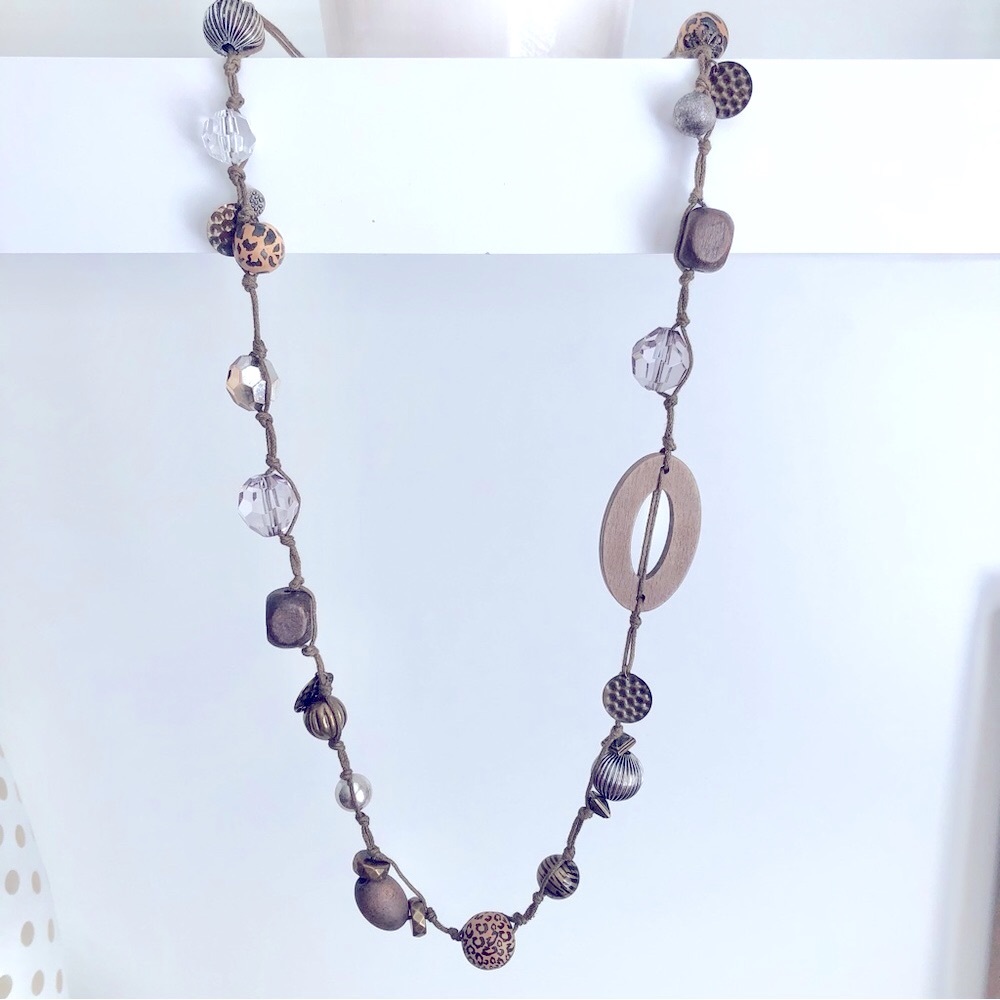 Long Elegant Bronze Brown Animal Print Wooden Medallion Silver Beaded Necklace